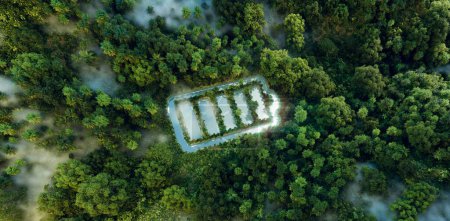 Photo for Concept of advancing eco-friendly battery tech and sustainable energy storage visualized as a battery-like pond within a dense rainforest. 3d rendering. - Royalty Free Image