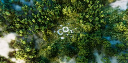 Photo for Visual concept of CO2 emissions and their environmental impact, represented by a forest-located pond in the form of a CO2 symbol. 3d rendering. - Royalty Free Image