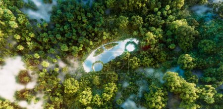 Aerial view of a dense, lush forest, interrupted by the unmistakable silhouette of a car-shaped river, symbolizing the environmental impact of transportation and automobile production amidst nature's serenity. 3d rendering.