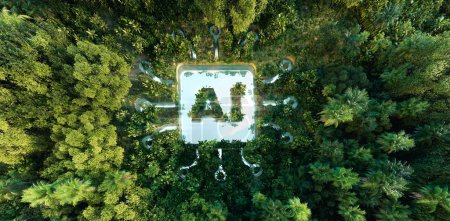 Abstraktes Symbol, das die Umwelt von Ai in Form eines Teiches mit einem Ai-Symbol inmitten eines wunderschönen unberührten Dschungels darstellt. 3D-Darstellung.
