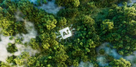Photo for Aerial view of a forest with mist, centering on a glowing 'AI' platform, symbolizing the ecological implications of advancing artificial intelligence. 3d rendering. - Royalty Free Image