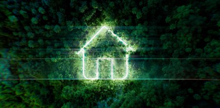 Photo for Night rainforest atmospherically illuminated by the light of a thin neon glowing house icon as a concept for issues related to climate friendly living. 3d rendering. - Royalty Free Image