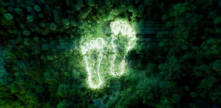 Photo for Night rainforest atmospherically illuminated by the light of a thin neon glowing footprint as a concept for issues related to climate conservation. 3d rendering. - Royalty Free Image