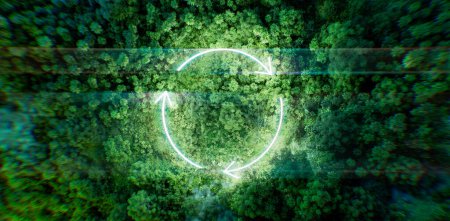 Photo for Night jungle atmospherically illuminated by the light of a thin glowing circle-shaped recycling icon. 3d rendering. - Royalty Free Image