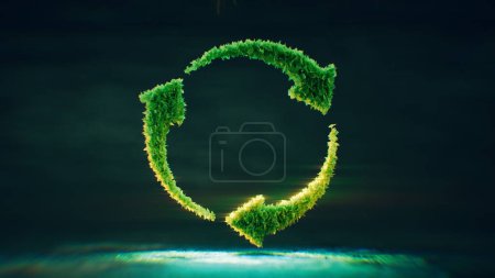 Ein Symbol für Pfeile in einem Kreis aus sattgrünen durchscheinenden Blättern, die vor dunkelblauem Hintergrund hinterleuchtet sind. Konzept der Wiederverwendbarkeit und Umweltfreundlichkeit. 3D-Darstellung.