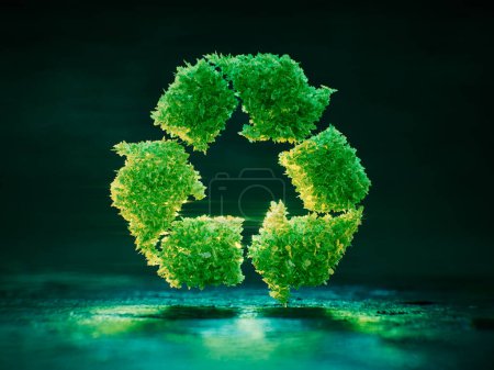 A recycling symbol composed of lush green translucent leaves that are backlit against a dark blue background. Concept of sustainable waste management and environmental friendliness. 3d rendering.