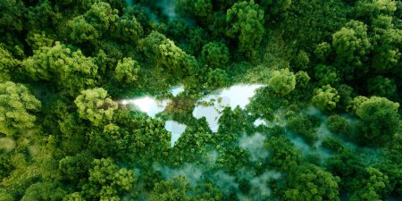 Weltkontinente in Form eines großen Sees inmitten üppigen Regenwaldes als ökologische Metapher für Naturschutz und Klimaschutzbewusstsein. 3D-Darstellung.