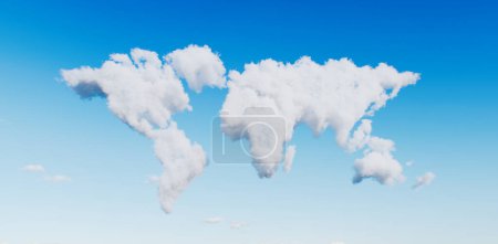 Photo for Image of a fluffy cloud in the shape of the world's continents floating peacefully in a blue sky. 3d rendering. - Royalty Free Image