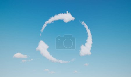 Photo for Image of a fluffy cloud in the shape of circulating arrows as a symbol of recyclation floating peacefully in a blue sky. 3d rendering. - Royalty Free Image
