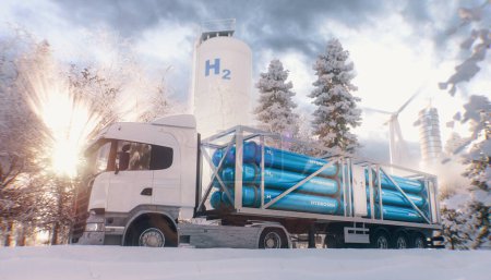 Photo for A truck with a hydrogen filling device, hydrogen tanks and a wind power plant in the middle of a snowy forest in the beautiful morning light. 3D rendering. - Royalty Free Image