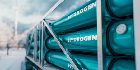 Photo for Detail view of the hydrogen tanks of a truck trailer for transporting hydrogen in a snowy winter landscape in the pleasant morning light. 3D rendering. - Royalty Free Image