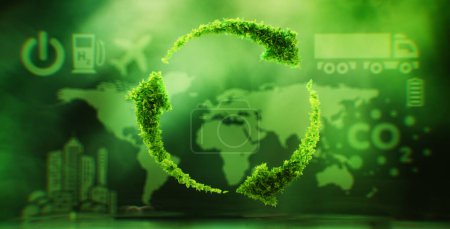 El concepto de sostenibilidad, reutilización y reciclaje en forma de símbolo de flechas en un círculo cubierto de hojas sobre un fondo verde exuberante. Renderizado 3D.