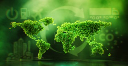 Photo for The concept of sustainability, climate protection and global warming in the form of a symbol of the world's continents covered with leaves on a lush green background. 3D rendering. - Royalty Free Image