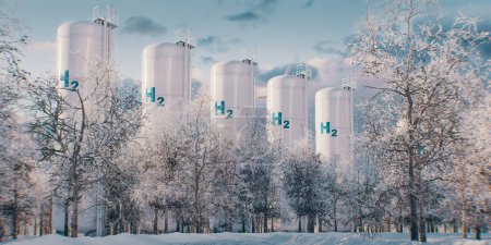 Photo for View of white hydrogen tanks in a snowy winter landscape with trees in the foreground in the pleasant morning light. 3D rendering. - Royalty Free Image