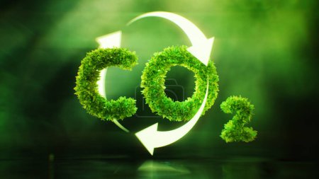 La cuestión del impacto del dióxido de carbono en el clima y el calentamiento global en forma de un símbolo de CO2 cubierto de hojas en un entorno verde exuberante. Ilustración 3D.