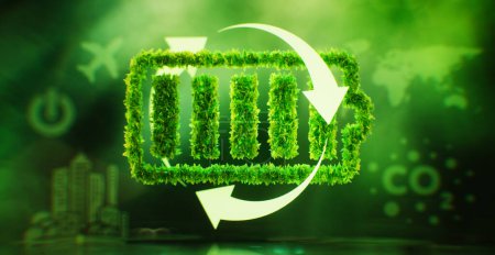 Photo for The concept of sustainable energy storage in the form of a battery symbol covered with leaves on a lush green background. 3d rendering. - Royalty Free Image