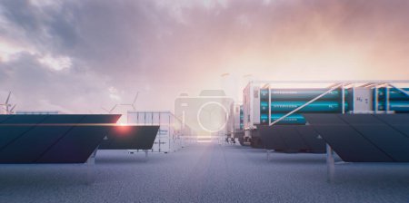 An industrial park used for the production, storage and distribution of hydrogen - Solar panels and wind farm, containerized electrolysis units, transport trucks and H2 storage tanks. 3d rendering.