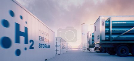 An industrial park used for the production, storage and distribution of hydrogen - wind turbines, containerized electrolysis units, transport trucks and H2 storage tanks. 3d rendering.