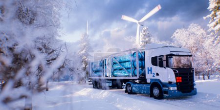 Photo for A truck with a hydrogen filling device, hydrogen tanks and a wind power plant in the middle of a snowy forest in the beautiful morning light. 3D rendering. - Royalty Free Image