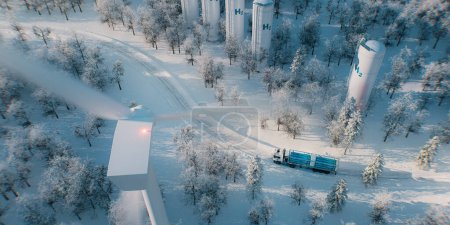 Photo for A truck with a hydrogen filling device, hydrogen storage tanks and a wind farm captured from a bird's eye view in the middle of a snowy forest. 3D rendering - Royalty Free Image