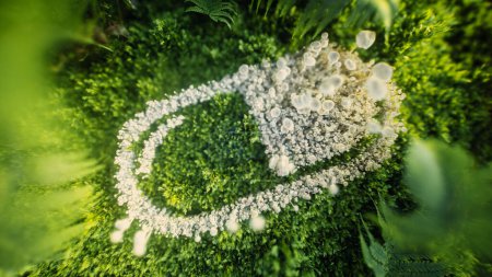 Representación en 3D estilizada de un símbolo de cápsula de medicina hecha de hongos blancos rodeados de musgo verde vibrante y helechos, que ilustra el concepto de curación natural y medicina alternativa