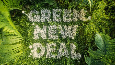 Creative 3D rendering of 'Green New Deal' using white mushrooms on a lush green moss and fern background, symbolizing the synergy between technology and nature for sustainable future