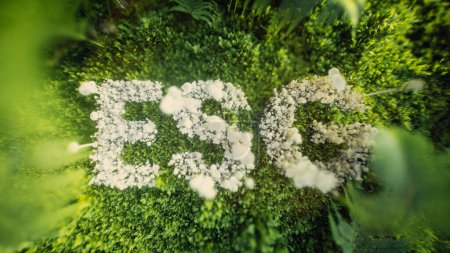 Símbolo ESG hecho de esponjas blancas sobre un fondo de musgo verde profundo y helechos, que representa la sostenibilidad y la responsabilidad. renderizado 3d.