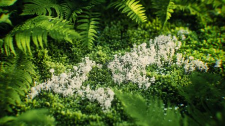 Photo for 3D rendering of a world map made from white mushrooms growing on green moss, representing the interconnectedness of nature and global ecological sustainability. - Royalty Free Image