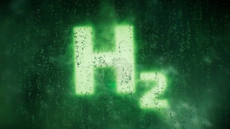 Die "H2" symbolisiert Wasserstoff als grüne Energiequelle, während die grüne Farbe und Wassertröpfchen den Eindruck von Natur und Reinheit verstärken. Eine Ästhetik, die an den Film The Matrix erinnert, verleiht dem Bild ein High-Tech-Gefühl. 3D-Darstellung.