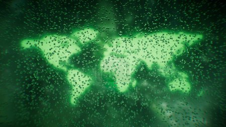 rendu 3D d'une carte du monde verte rayonnante vue à travers une vitre avec des gouttes de pluie, symbolisant la fraîcheur, la durabilité et un monde numérique futuriste respectueux de l'environnement