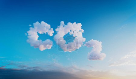 3D-Darstellung von "CO2", das durch Wolken am blauen Himmel entsteht und die Kohlendioxidemissionen und ihre Auswirkungen auf Klimawandel und ökologische Nachhaltigkeit symbolisiert