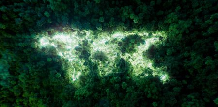 3D-Darstellung glühender Kontinentumrisse inmitten eines unberührten Dschungels, die globale Vernetzung und die Bedeutung des Naturschutzes unterstreicht.