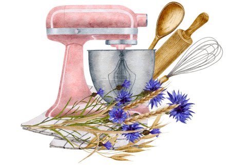 Téléchargez les photos : Watercolor mixer for cooking with a composition of flowers and kitchen utensils - a rolling pin for dough, a whisk for whipping, a spoon. High quality photo - en image libre de droit