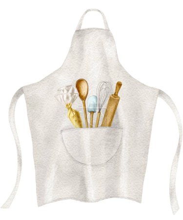 Téléchargez les photos : Watercolor apron with feeder kitchen tools, rolling pin, whisk, chefs spoon. Wooden kitchen utensils on a white background. High quality illustration - en image libre de droit