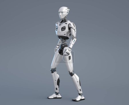 Foto de Robot androide posando sobre un fondo gris. Ilustración 3D - Imagen libre de derechos
