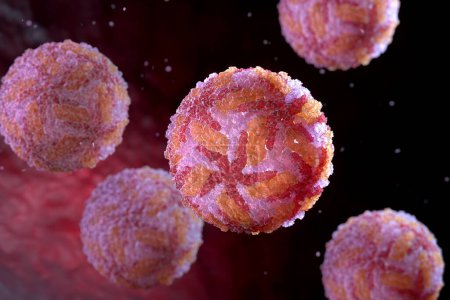 Foto de Partículas del virus Powassan.Este virus es un patógeno humano que se transmite por garrapatas. Ilustración 3D - Imagen libre de derechos