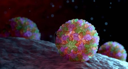 Photo for 3D graphical representation of a single Norovirus virion. The different colors represent different regions of the organism's outer protein shell, or capsid. 3D illustration - Royalty Free Image