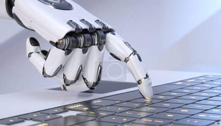 Weiße Cyborg-Roboterhand drückt eine Tastatur auf einem Laptop. 3D-Illustration