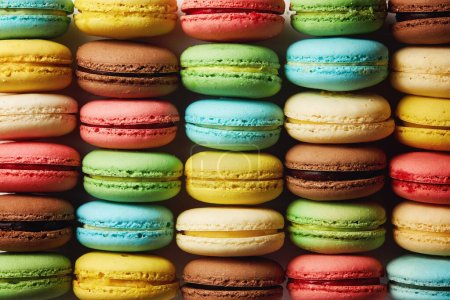 Téléchargez les photos : Français fond de macarons colorés. Variété de macaron de dessert doux français coloré avec différentes garnitures. - en image libre de droit