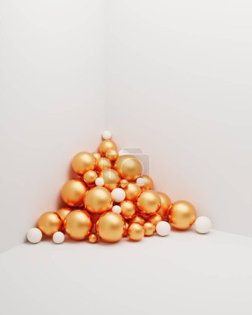 Photo for Various golden and white spheres of different sizes in corner. Abstract conceptual background. 3D rendering. - Royalty Free Image