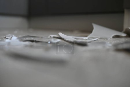 Foto de Fragmentos de un jarrón en el suelo gris, las secuelas de un pepinillo, fragmentos de un jarrón roto en el suelo - Imagen libre de derechos