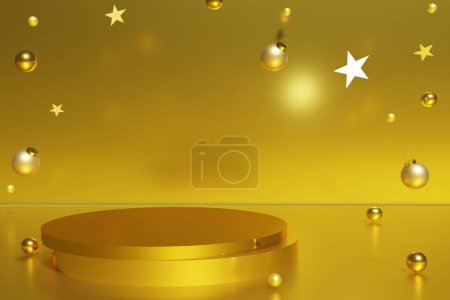 Téléchargez les photos : 3d rendu de podium doré et vol de boules de Noël en or et étoiles sur un fond doré pour votre projet de Noël - en image libre de droit
