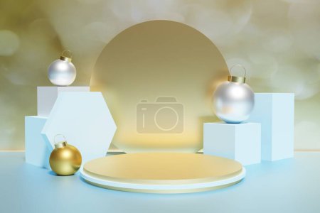 Téléchargez les photos : 3d rendu de belles boules de Noël métalliques blanc et or sur un fond bokeh or avec un podium - en image libre de droit
