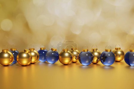 Téléchargez les photos : 3d rendu de belles boules de Noël bleu métallique et or sur un fond bokeh doré pour votre projet festif - en image libre de droit