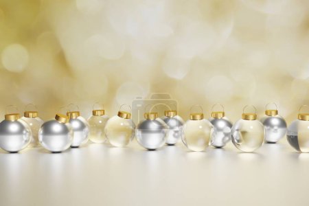 Téléchargez les photos : 3d rendu de belles boules de Noël en argent métallique et verre sur un fond bokeh avec pour votre projet festif - en image libre de droit