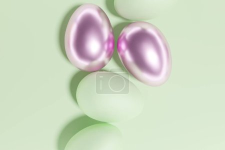 Téléchargez les photos : 3d render of mint green and pink color Easter eggs on a mint green background for Easter card - en image libre de droit