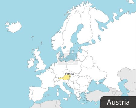 Téléchargez les illustrations : Carte du monde simple blanche et bleue avec capitale jaune de l'Autriche Vienne - en licence libre de droit