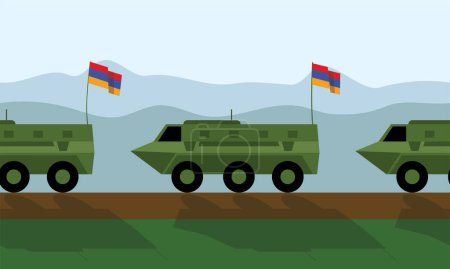 Illustration for Armoured vehicles in column, armenia flag, vector illustration - Royalty Free Image