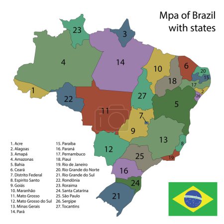 Illustration for Map of brazil with states, flag in the corner, vector illustration - Royalty Free Image
