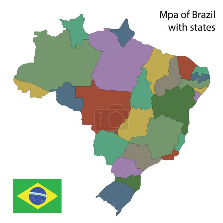 map of brazil with states, flag in the corner, vector illustration